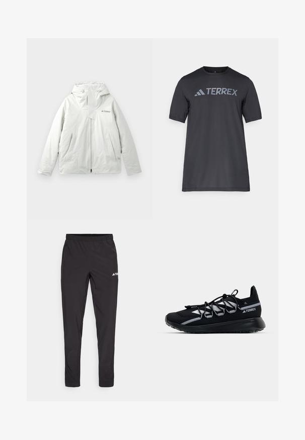 Casaco de exterior com capuz cinza claro, com fecho frontal, duas bolsos frontais angulados e o logo "TERREX" no peito.; Camiseta preta de manga curta feita de tecido leve, com o logótipo cinza-claro "TERREX" atravessando o peito e um decote redondo.; Calças de treino pretas com uma cintura elástica, dois bolsos laterais com fecho e um logótipo na parte superior da perna direita. Tecido liso e leve.; Sapatilha atlética preta com parte superior em malha, detalhes reflexivos, atacadores elásticos e sola de borracha texturizada. Apresenta um design elegante para desempenho.