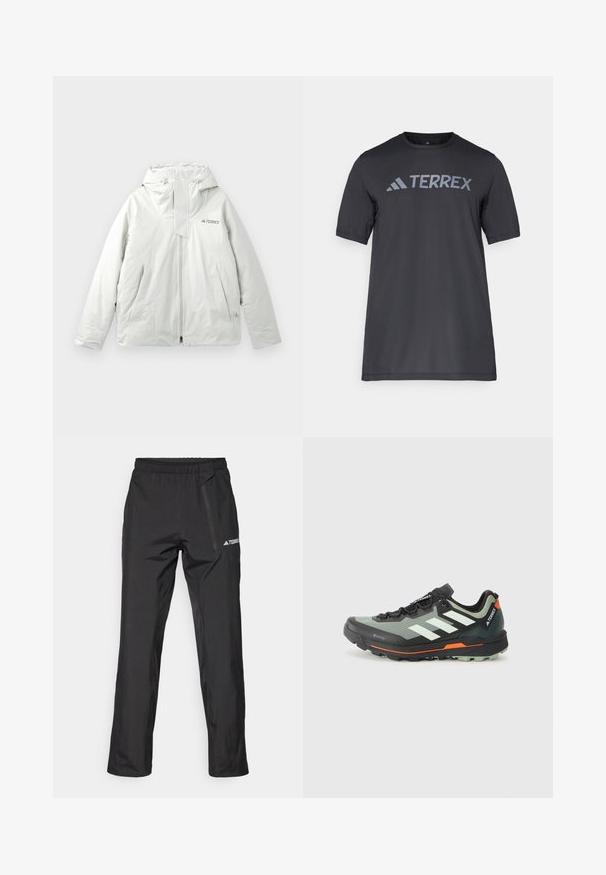 Helehall hallitusmustaga välijakk kapuutsi ja ees oleva tõmblukuga, kahe nurgelise eesoleva taskuga ja rinna peal "TERREX" logo.; Must musta t-särk, mis on valmistatud kergetest kangast, millel on kergehall "TERREX" logo rinnaeest ja ümar kaelus.; Mustad kergekaalulised välispüksid elastse vöökoha, tõmblukuga taskute ja trükitud logoga. Sile tekstuur ja sirge sääre lõige.; Kerge jalgsimatka jooksujalats halli ja mustavõrguga ülemise osaga, oranžide aktsentidega ning robustse väljastuse haardeks. Veekindel Gore-Tex vooder.