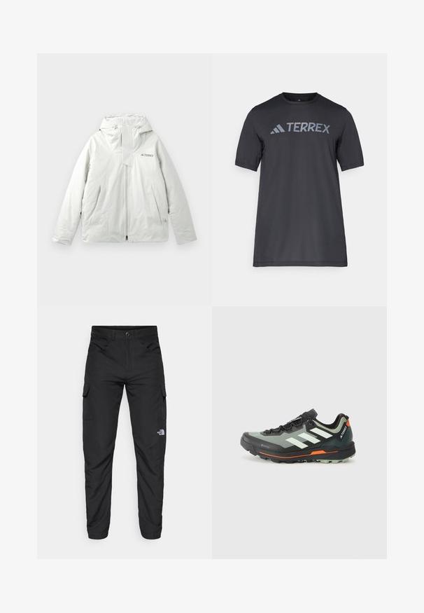 Jachetă outdoor cu glugă de culoare gri deschis, cu fermoar frontal, două buzunare frontale înclinate și logo-ul "TERREX" pe piept.; Tricou negru cu mânecă scurtă, confecționat dintr-un material ușor, având un logo gri deschis „TERREX” pe piept și un gât rotund.; The North Face HORIZON PANT - Pantaloni outdoor - black; Pantofii ușori de alergare pe trasee sunt confecționați dintr-o plasă gri și neagră, cu accente portocalii și o talpă robustă pentru aderență. Captuseală impermeabilă Gore-Tex.