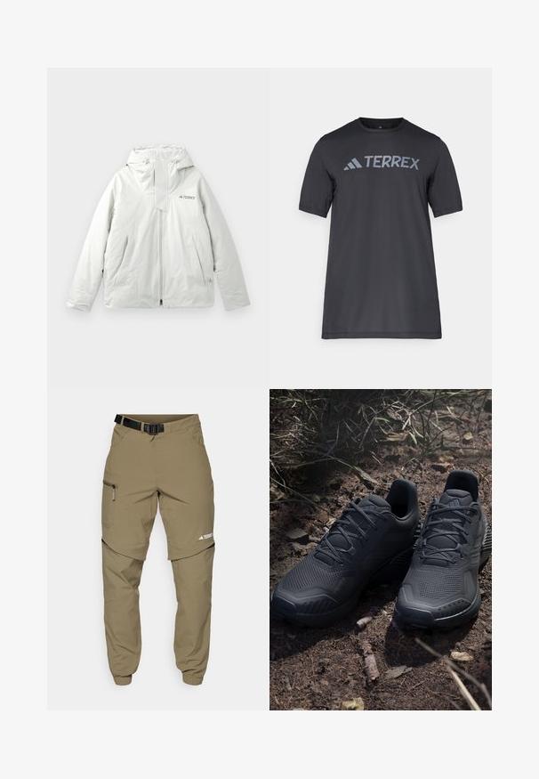 Casaco de exterior com capuz cinza claro, com fecho frontal, duas bolsos frontais angulados e o logo "TERREX" no peito.; Camiseta preta de manga curta feita de tecido leve, com o logótipo cinza-claro "TERREX" atravessando o peito e um decote redondo.; Calças exteriores bege com cinto, bolsos laterais com fecho e punhos elásticos. Apresentam um design com fecho para destacá-las, proporcionando versatilidade e uma textura suave.; Sapatilhas atléticas pretas com um cabedal de malha texturizada, biqueira reforçada e sola acolchoada, expostas sobre um solo terroso com ramos espalhados.