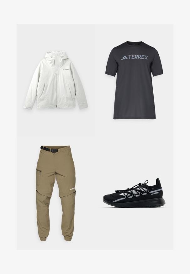 Vaalea harmaa huppupusero ulkoiluun, jossa on etuvetoketju, kaksi kulmikkaasti sijoitettua etutaskua ja "TERREX"-logo rinnassa.; Musta lyhythihainen t-paita kevyestä kankaasta, jossa on vaaleanharmaa "TERREX" -logo rinnassa ja pyöreä kaula-aukko.; Khaki ulkoiluhousut, joissa on säädettävä musta vyö, vetoketjulliset taskut, kapeat¯lahkeet ja irrotettavat alaosat monipuoliseen tyyliin.; Musta urheilukengät, joissa on verkkopinta, heijastavat yksityiskohdat, joustavat nauhat ja teksturoitu kumipohja. Ominaisuudet sisältävät tyylikkään muotoilun suorituskykyä varten.