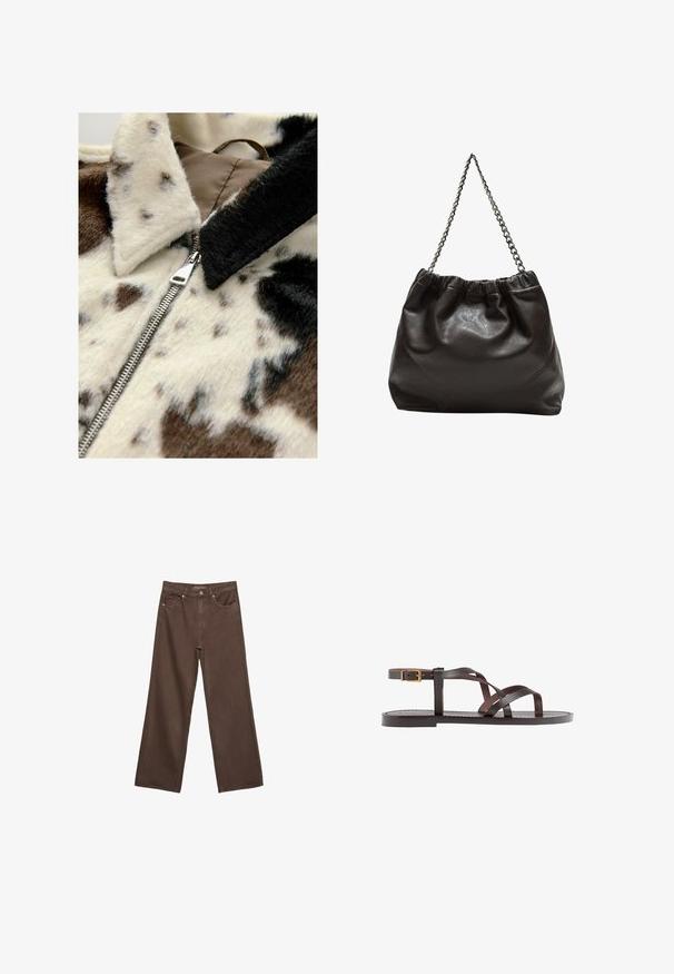 Nepbonten jas met een crèmekleurig en bruin koeienprint, voorzien van een zilveren rits en een zwarte kraag, die de zachte textuur en verschillende patronen benadrukt.; Korte mouwen T-shirt in bruin, gemaakt van een zachte stof, met een ronde halslijn en een relaxte pasvorm. Geen zichtbare patronen of accenten.; Brede bruine spijkerbroek van denim, met een hoge taille, voorzakken en een klassieke knoopsluiting. Soepele textuur met subtiele stiksels.; Bruine leren sandaal met kruisingen van banden, een enkelgesp-sluiting en een platte zool met minimale stikdetails.; Bruine leren tas met een geplooide bovenkant en een kettinghengsel. Glad textuur met een glanzende afwerking en subtiele naaddetails aan de zijkanten.