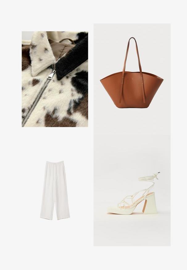 Jakna iz umetnega krzna z odtisom kravjega vzorca v kremni in rjavi barvi, s srebrnim zadrgo in črnimi ovratnikom, ki poudarja mehko teksturo in raznolike vzorce.; Svetlo bež kratkosleeven majica s okroglim ovratnikom, izdelana iz mehke, gladke tkanine. Ima sproščen kroj in raven rob.; Bele široke hlače iz lahkega materiala. Imajo elastičen pas s vrvico in stranske žepe. Gladka tekstura.; Bela sandala na visokih petah s debelim petam, ki ima obliko trakcev in vezanje okoli gležnja. Gladka tekstura z platformo spredaj za dodatno višino.; Rjava usnjena torba tote z široko, strukturirano obliko, tankimi ročaji in teksturirano površino. Opremljena je z minimalističnim oblikovanjem brez vidne opreme.