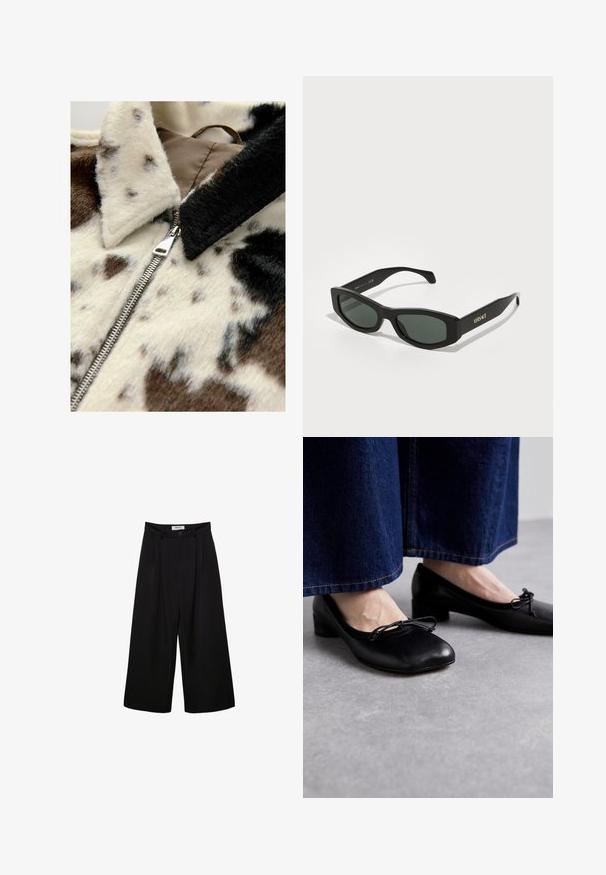 Faux-Felljacke mit einem Creme- und Braun-Kuhmuster, silbernem Reißverschluss und schwarzem Kragen, die eine weiche Textur und wechselnde Muster hervorhebt.; Weißes T-Shirt mit kurzen Ärmeln aus Baumwolle. Hat einen Rundhalsausschnitt und eine lockere Passform. Glatte Textur ohne sichtbare Muster oder Akzente.; Schwarze weite Hosen mit hoher Taille, gefaltetem Vorderteil und Knopfverschluss. Aus glattem Stoff mit maßgeschneidertem Design.; Schwarze Lederschuhe mit quadratischer Schuhspitze und kleinem Absatz, ausgestattet mit einer dekorativen Schleife an der Vorderseite. Kombiniert mit dunklen Jeanshosen.; Schwarze rechteckige Sonnenbrille mit grünen Gläsern, ausgestattet mit markanten Fassungen und goldener "VERSACE"-Markierung an den Bügeln.