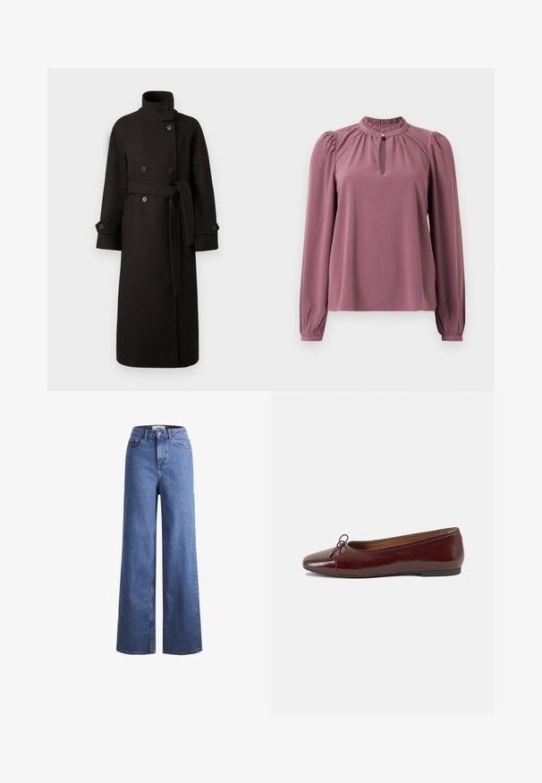 Fekete gyapjú trench coat magas gallérral, dupla gombolású kialakítással és szövet övvel. Nagy fekete gombokkal és széles ujjakkal rendelkezik.; Hosszan ujjú mályva blúz, gyűrt gallérral, kislyukú nyakkivágással, gombos záródással és enyhén puffos vállakkal.; Világoskék, széles szárú farmernadrág magas derékkal, két elülső zsebbel és látható varrással. Gombos és cipzáros záródás.; Burgundi lakkbőr balettcipő kerek orral, elöl kis masni díszítéssel és alacsony, fekete gumi talppal. Simára csiszolt felület.