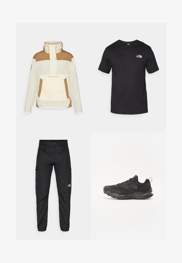 Anorakki-takki vaaleassa ja ruskeassa, jossa on etutasku, säädettävä hupullinen nyöri ja kontrastiväriset keltaiset yksityiskohdat. Kevyt materiaali.; Mustat lyhythihaiset t-paidat, jotka on valmistettu puuvillasta. paidassa on pyöreä pääntie ja pieni valkoinen logo vasemmassa ylärintataskussa.; The North Face HORIZON PANT - Ulkohousut - black; Musta urheilujalkine, jossa on verkko päällinen, kumipohja ja pehmustettu varsi. Varusteena nauhat, logo sivussa ja teksturoitu kuvio.