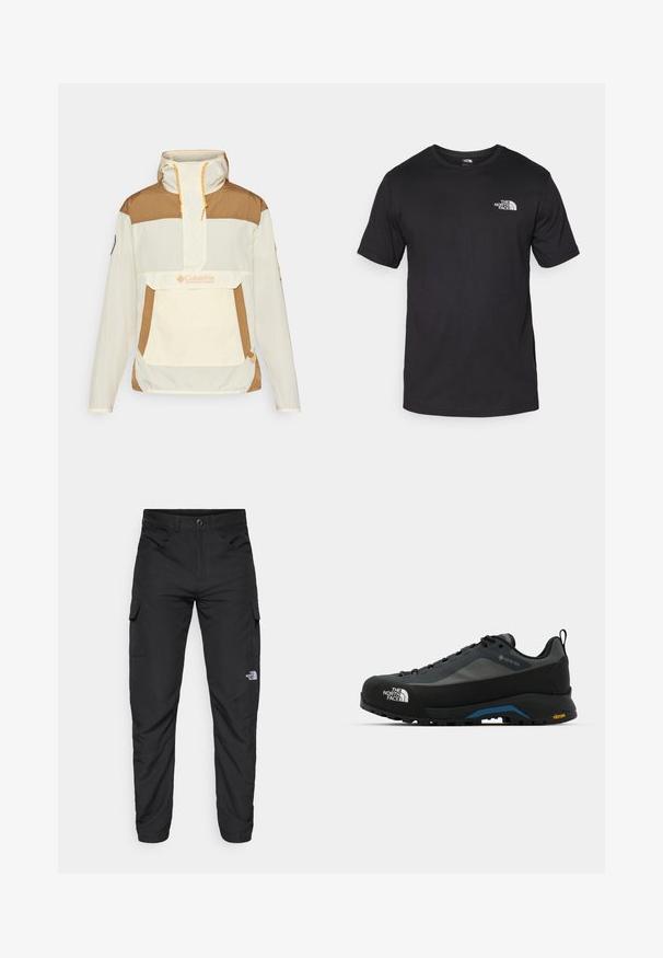 Krémový a hnědý anorak s přední kapsou, nastavitelnou kapucí na šňůrku a kontrastními žlutými akcenty. Lehký materiál.; Černé tričko s krátkým rukávem vyrobené z bavlny, s kulatým výstřihem a malým bílým logem na horní levé části hrudi.; The North Face HORIZON PANT - Outdoorové kalhoty - black; The North Face VERTO ALPINE GORE TEX - Trekingové boty - asphalt grey/tnf black