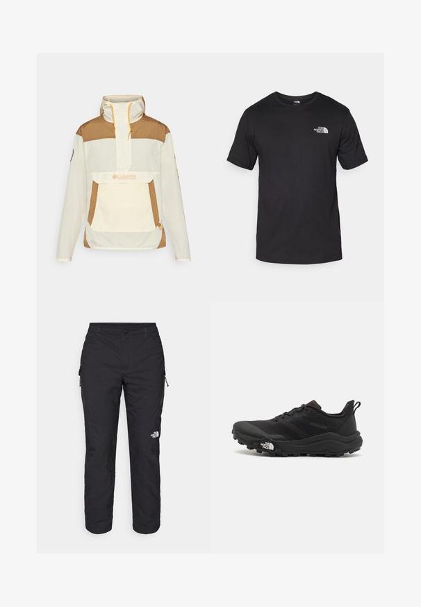 Anorakjack in crème en bruin, met een zak aan de voorkant, verstelbare trekkoordkap en contrasterende gele accenten. Lichtgewicht materiaal.; Zwarte T-shirt met korte mouwen van katoen, voorzien van een ronde halslijn en een klein wit logo op de bovenste linkerkant van de borst.; The North Face WINTER EXPLORATION TAPERED CARGO - Outdoorbroeken - black; Zwarte trailrunning schoen met een gestructureerde bovenkant, rubberen zool en versterkte neus. Voorzien van een gevoerde kraag en een trekhaak voor eenvoudig aan- en uittrekken.