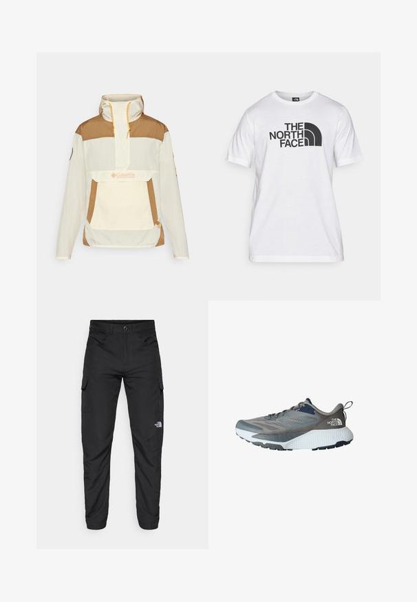 Anorakjack in crème en bruin, met een zak aan de voorkant, verstelbare trekkoordkap en contrasterende gele accenten. Lichtgewicht materiaal.; Witte katoenen t-shirt met een zwart graphic print met tekst en een gebogen logo-ontwerp. Ronde halslijn en korte mouwen. Effen textuur.; The North Face HORIZON PANT - Outdoorbroeken - black; Grijze sportieve schoen met een bovenwerk van mesh, marineblauwe accenten, een gestructureerde witte tussenzool en een zwarte rubberen buitenzool. Voorzien van veters en een trekstrip aan de hiel.
