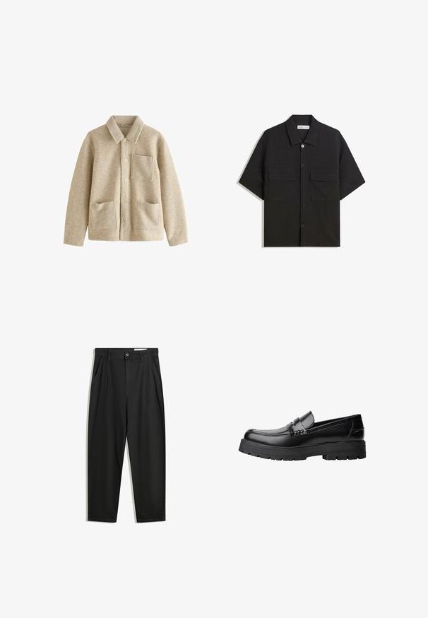 Beige uldblandingsjakke med spids krave, fem-knap front, to forlommer og en brystlomme. Blød tekstur og afslappet pasform.; Sort kortærmet skjorte lavet af stof med en glat tekstur, har to forlommer, en klassisk krave og knaplukning.; Sorte bomuldsbukser med en afslappet pasform, der har en klassisk talje, frontfolder og sidelommer. Glat tekstur uden mønstre.; Sort læderloafer med kraftig sål og dekorativ rem henover, vist i venstre sideprofil på hvid baggrund.