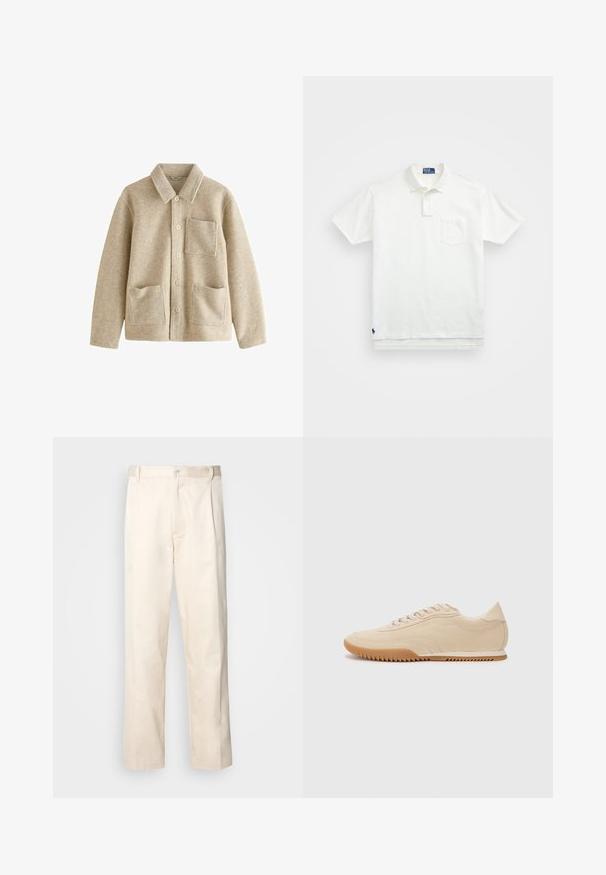 Beige Wolle-Mix-Jacke mit spitzem Kragen, fünfknöpfiger Vorderseite, zwei Fronttaschen und einer Brusttasche. Weiche Textur und lockere Passform.; Weißes Poloshirt aus Baumwolle, mit klassischem Kragen, Drei-Knopf-Leiste und einer linken Brusttasche; kleines Logo am Saum.; Beige Baumwollhose mit geradem Bein, ausgestattet mit einem Knopfverschluss und Falten an der Vorderseite für zusätzliche Details.; Beige Wildledersneaker mit einem schlanken Design, einer strukturierten Oberseite, abgerundetem Fuß und einer Gummisohle mit Zickzackmuster.