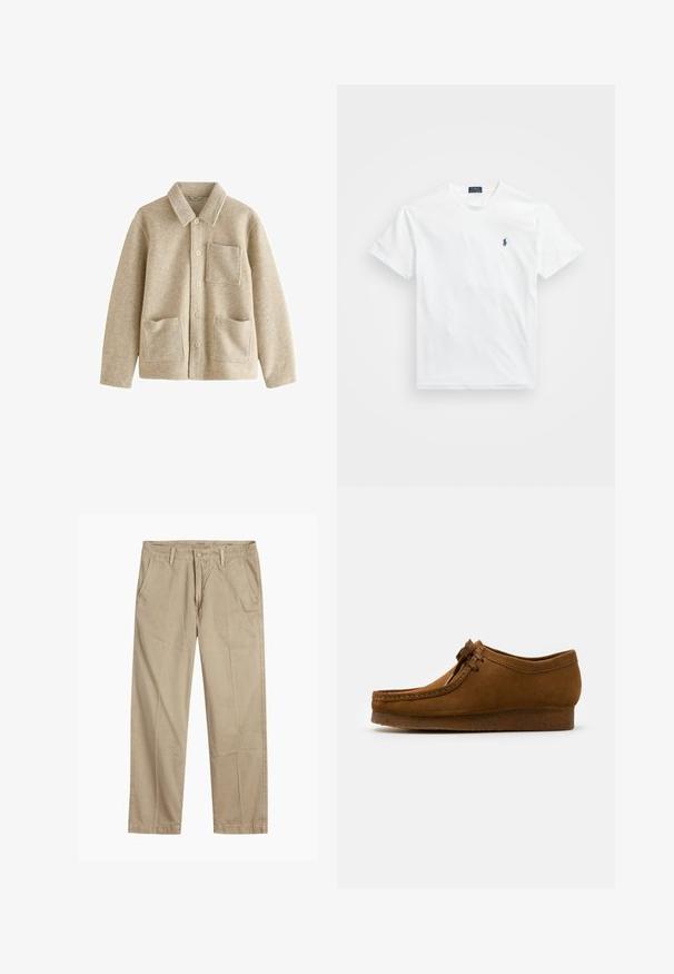 Béžová bunda z vlněné směsi s špičatým límcem, předním zapínáním na pět knoflíků, dvěma předními kapsami a jednou kapsou na hrudi. Měkká textura a uvolněný střih.; Bílý bavlněný tričko s kulatým výstřihem, krátkými rukávy a malým námořnickým logem na levém prsu. Hladká Textura, jednoduchý design.; Beige rovné chino kalhoty s poutky na opasek, zapínáním na přední knoflík a zip, a šikmými předními kapsami.; Hnědé semišové boty s kulatou špičkou a nízkým podpatkem, s detailním prošíváním podél švů a šněrováním vpředu. Měkká textura s elegantním designem.