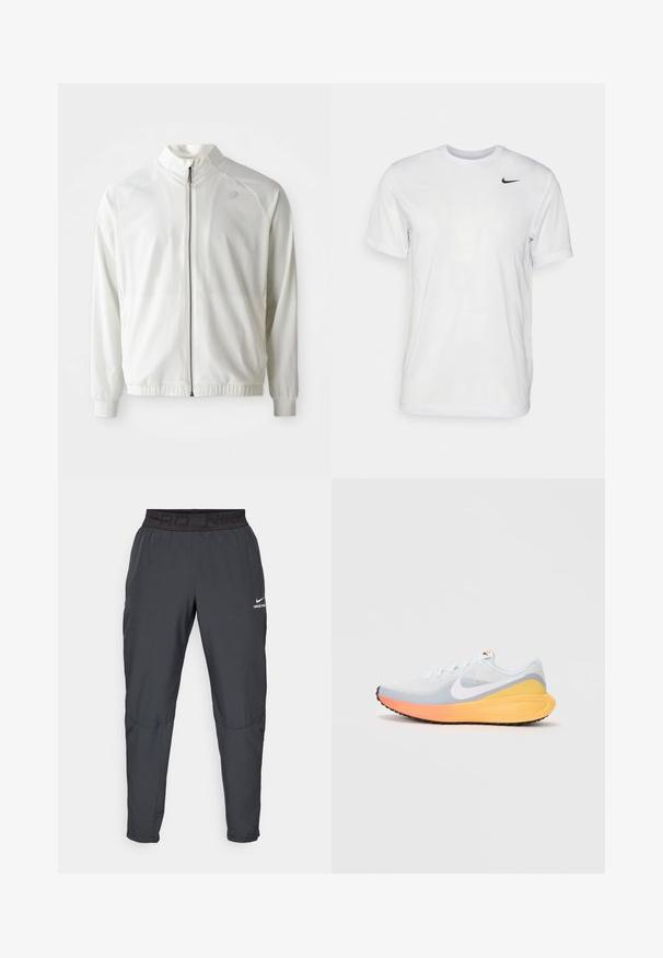 Veste de sport blanche avec un zip à l'avant, un col haut, des poignets élastiqués et un ourlet élastique ; présente un logo discret sur le haut gauche de la poitrine.; T-shirt blanc à manches courtes en tissu lisse. Il présente un col rond et un petit logo Nike noir sur la poitrine gauche.; Pantalons Nike Pro en gris foncé, avec une taille élastique noire portant le texte "PRD" et "NIKE PRO", un tissu lisse, une coupe fuselée et des détails de couture subtils.; Basket de course bleu clair avec une tige en mesh respirant. Présente un swoosh blanc, une semelle intermédiaire orange et jaune, et une semelle extérieure noire pour l'adhérence.