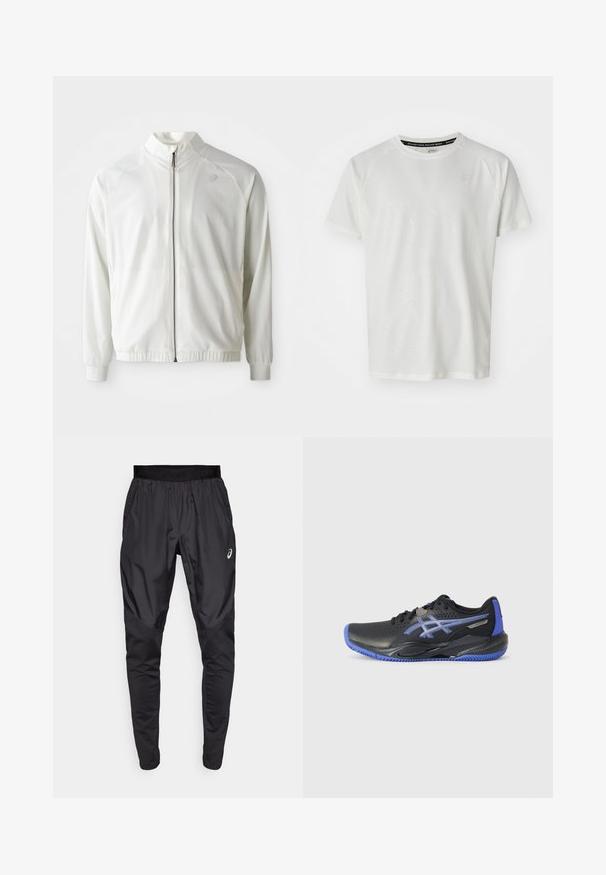 Balta sportinė striukė su užtrauktuku priekyje, aukštu apykaklė, elastingomis rankogaliais ir apačia; viršutinėje kairėje krūtinės pusėje yra subtilus logotipas.; ASICS GAME - Paprasti marškinėliai - cream; Juodi sportiniai kelnes su elastingu juosmeniu, šoninėmis kišenėmis ir kontrastingos tekstūros panelėmis ant kojų. Asics logotipas ant klubo.; Juodas sportinis batelis su mėlynomis detalėmis, turintis perforuotą viršutinę dalį, tekstūruotą padą ir logotipo elementą. Suapvalintas pirštas ir paminkštinta kulno dalis.