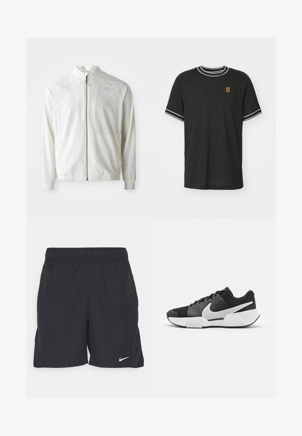 Hvid atletisk jakke med lynlås foran, høj krave, elastiske manchetter og nederkant; har et diskret logo på venstre bryst.; Sort kortærmet t-shirt lavet af mesh-stof, med hvid kant på kraven og ærmerne, og et lille gult og rødt logo på brystet.; Sorte atletiske shorts lavet af letvægtsstof, med elastisk talje og et lille hvidt Nike-logo nederst til venstre.; Sorte athletic sko med en tekstureret overdel, hvidt swoosh-logo, polstret hæl og en kontrasterende hvid sål med et zigzagmønster.