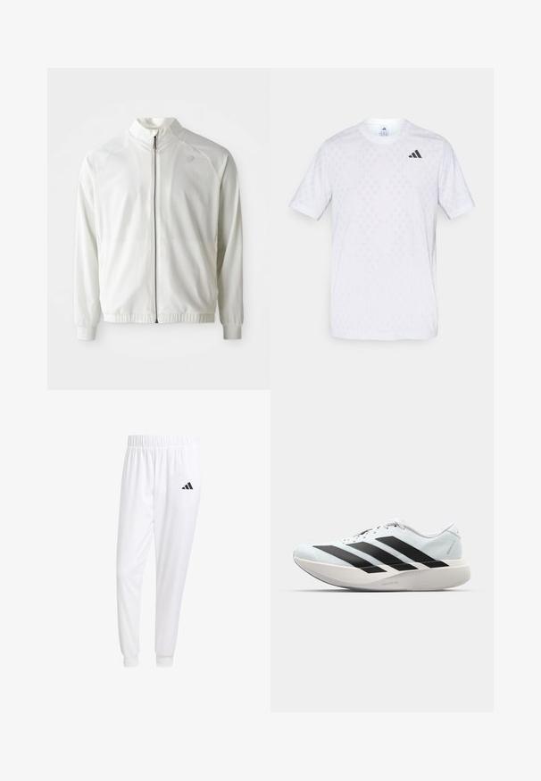 White athletic jacket with a zippered front, high collar, elasticized cuffs, and hem; features a subtle logo on the upper left chest.; White short-sleeve t-shirt featuring a subtle diamond pattern, made from lightweight fabric, with a black adidas logo on the chest.; White athletic pants made of smooth fabric, featuring an elastic waistband and fitted cuffs, with a black logo on the back pocket.; Lightweight running shoes in pale blue with black stripes. Features a smooth upper, round toe, and thick white midsole labeled "LIGHTSTRIKE PRO."