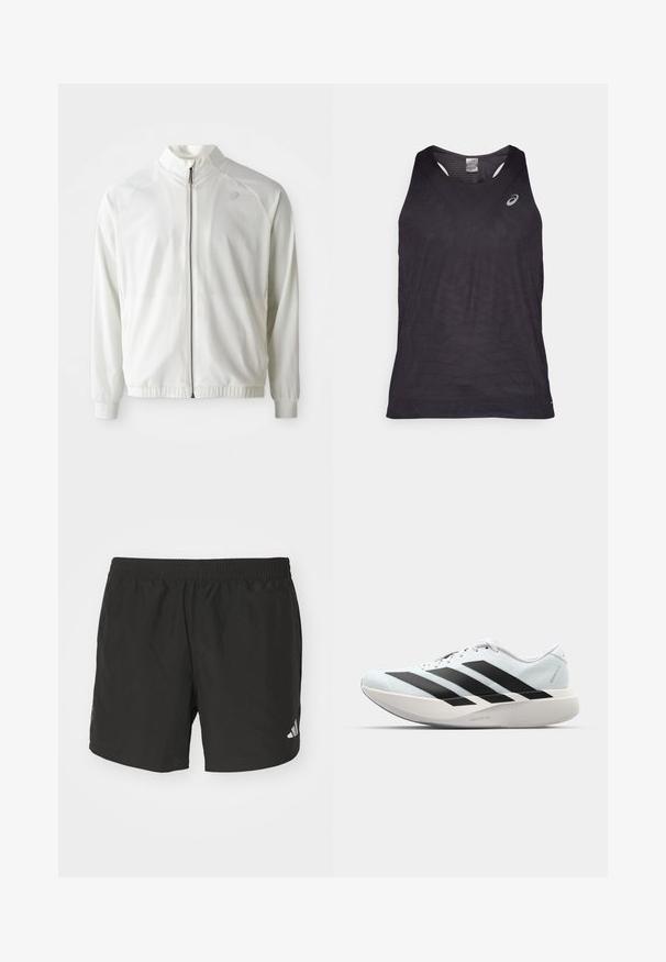 Bela športna jakna z zadrgo spredaj, visokim ovratnikom, elastičnimi manšetam in robom; ima subtilen logo na zgornjem levem prsnem delu.; Črna atletska majica brez rokavov z V-izrezom, ki vključuje teksturirane geometrijske vzorce in odsevni logo na zgornji levi strani. Lahka tkanina.; Črne atletske kratke hlače z elastičnim pasom, stranskimi razporki in odsevnimi logotipnimi poudarki. Narejene so iz lahkotnega, gladkega materiala.; Lahki tekaški čevlji v svetlo modri barvi z belimi črtami. Imajo gladek zgornji del, okroglo kapico in debel bel srednji podplat z označbo "LIGHTSTRIKE PRO."