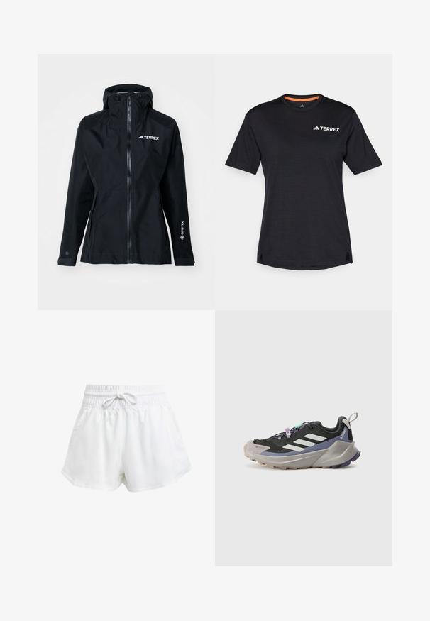 adidas Terrex XPR GOR PAC JACKET - Vodotěsná bunda - black; Černé tričko s krátkým rukávem a kulatým výstřihem, s jemnou melanžovou strukturou a bílým logem "TERREX" na levé horní straně.; Bílé sportovní kraťasy s elastickým pasem a nastavitelnou šňůrkou. Vyrobené z lehkého materiálu, s bočními kapsami a volným střihem.; Černá sportovní bota s Gore-Tex svrchním materiálem, bílými pruhy, fialovými akcenty, silnou šedou mezipodešví a texturovanou šedou podešví pro lepší přilnavost.