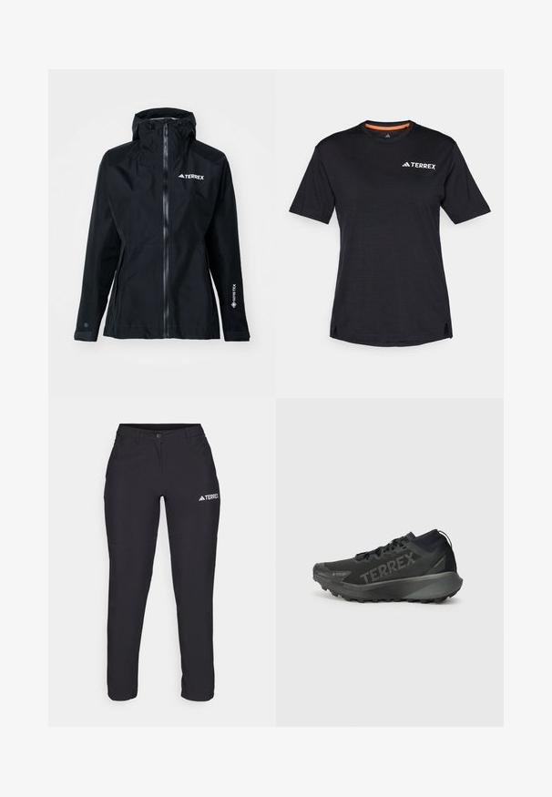 adidas Terrex XPR GOR PAC JACKET - Vodootporna jakna - black; Crna majica kratkih rukava s okruglim izrezom, koja ima suptilnu melirani teksturu i bijeli logo "TERREX" na gornjoj lijevoj strani.; Crne vanjske hlače napravljene od izdržljivog materijala. Dizajnirane s prilagođenim krojem, s kopčanjem na gumb i bijelim logotipom na lijevom bedru.; Crne Terrex trkačke cipele s teksturiranim gornjim dijelom, čvrstim potplatom i istaknutim brendiranjem. Imaju jastučen petni dio za podršku i prianjanje.