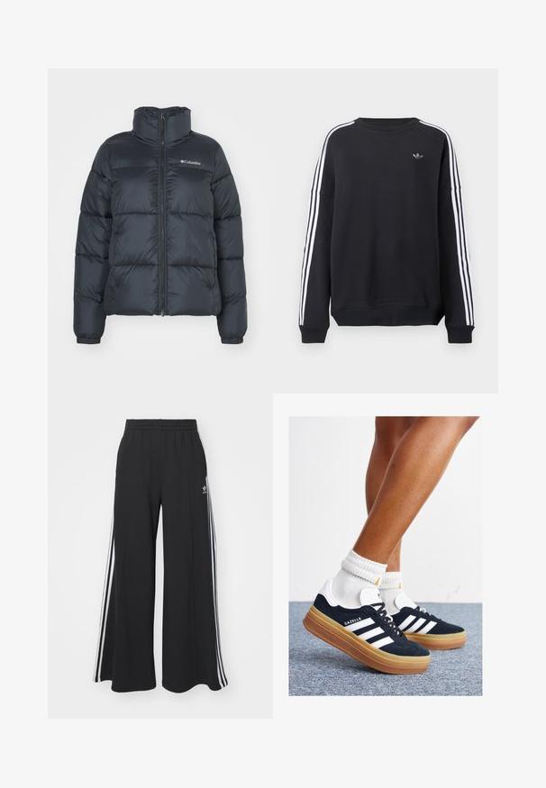 Must puffer jope kõrge krae, lukuga esikinnitus ja elastsed mansetid. Omab horisontaalset tikkimist ja logo rinnal.; Mustad dressipluus pikkade varrukatega, valged triibud jooksevad mõlemal käel alla ning rinnal väike hall logo. Puuvillane materjal, igapäevane lõige.; Mustad laiad trenni püksid elastse vöökohtaga, millel on valged küljeribad ja tikitud logo vasakul reiel.; Mustad seemisnahast tossud valgete triipude ja detailidega, ümarate varbassosadega, kummist välistallaga, paaritatud valgete soonikuliste meessokkidega.