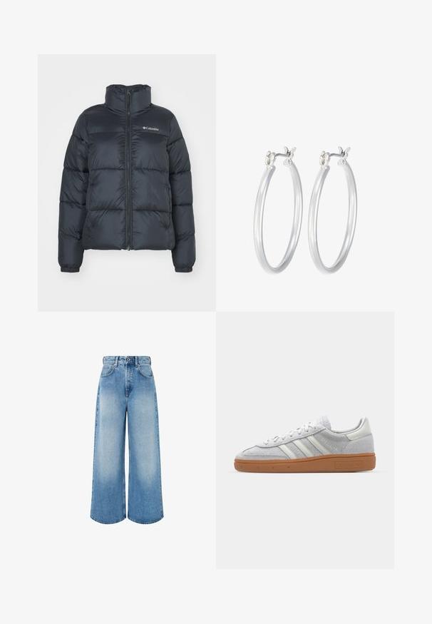 Črn pufferjacket z visokim ovratnikom, zadrgo spredaj in elastičnimi manšetami. Ima vodoravne kviltirane sekcije in logotip na prsih.; Bela rebrasta majica z dolgimi rokavi in okruglim izrezom. Narejena iz elastičnega materiala, ki se prilega telesu. Značilen je diskreten horizontalni potisk.; Svijetloplave široke traperice izrađene od denima, s visokim strukom, gumbom za zatvaranje, suptilnim izblijeđivanjem i urednim rubovima.; Svjetlo sivi suedesni sportski cipeli s bijelim kožnim naglascima, tri bijele pruge i smeđi gumeni potplat, s podstavljenim ovratnikom za udobnost.; Srebrni obroči za ušesa z gladko, polirano površino. Okrogla oblika in varna zaponka s klikom. Lahka zasnova, primerna za vsakodnevno nošenje.