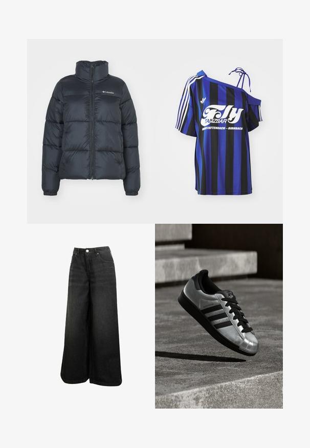 Black puffer jacket with a high collar, zip front closure, and elastic cuffs. Features horizontal quilted sections and a logo on the chest.; Blue and black striped oversized shirt with one off-shoulder design, featuring white printed text and three white stripes on the sleeve.; Black wide-leg denim jeans with high waist, front button, pockets, and subtle logo on front pocket.; Silver sneaker with a black rubber sole, black laces, and three black stripes. Features a metallic finish and classic shell toe design.