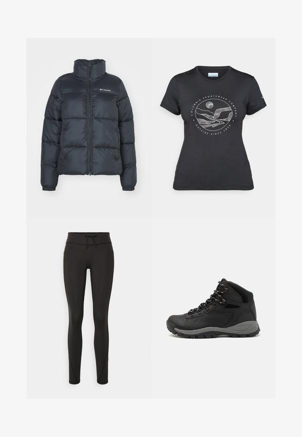 Čierna puffa bunda s vysokým golierom, zipsom v prednej časti a elastickými manžetami. Má horizontálne prešívané sekcie a logo na hrudi.; Čierne tričko Columbia s bielou kruhovou grafikou hory a rieky a textom "Columbia Sportswear Company vonku od roku 1938."; Čierne legíny s vysokým pásom, so šnúrkou na stiahnutie, hladkou textúrou a priliehavým strihom. Obsahujú švy po stranách.; Čierna turistická obuv s polovičným strihom, s textúrovaným zvrškom, šedými akcentmi a odolnou gumovou podrážkou s protišmykovými hrebienkami.