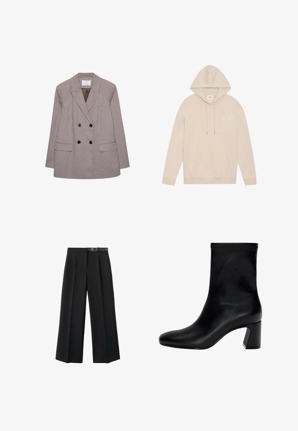 Blazer croisé en motif check marron et crème, avec de grands boutons noirs et des revers à pointes. Deux poches avant incluses.; Sweat à capuche beige avec poche avant et cordons, comportant un petit texte en cursive blanche sur la zone gauche de la poitrine.; T-shirt blanc à manches courtes en coton, avec un col rond et une coupe décontractée, sans motifs ni graphismes visibles.; Pantalons larges noirs en tissu tissé, dotés d'une taille ceinturée, de plis et d'une texture lisse.; Botte noire à la cheville en cuir lisse. Possède un bout carré, un haut élastiqué et un talon épais pour la stabilité. Design minimaliste.
