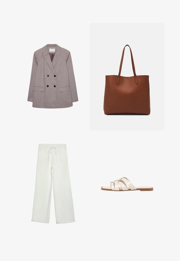 Double-breasted blazer in a brown and cream check pattern, featuring large black buttons and notched lapels. Two front pockets included.; White short-sleeve t-shirt made of cotton. Features a crew neckline and a relaxed fit. Smooth texture with no visible patterns or accents.; White wide-leg pants made of soft fabric. Features an elastic waistband with a drawstring and a smooth texture. No visible patterns or hardware.; Flat sandals with a tan rubber sole, designed with three overlapping white leather straps and a small bow detail at the center.; Brown leather tote bag with a smooth texture, open top design, and two shoulder straps. Features minimal stitching and no visible hardware.