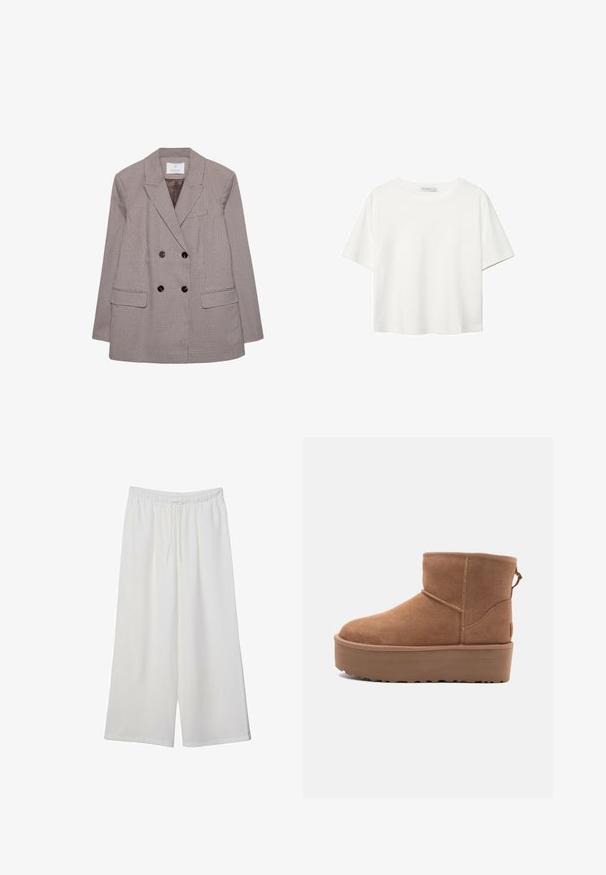 Blazer croisé en motif check marron et crème, avec de grands boutons noirs et des revers à pointes. Deux poches avant incluses.; T-shirt blanc à manches courtes en coton. Doté d'un col ras du cou et d'une coupe décontractée. Texture lisse sans motifs ni accents visibles.; Pantalons larges blancs en tissu léger, avec une taille élastique et un cordon de serrage pour un ajustement réglable. Texture lisse.; Bottine en suède tan avec une semelle plate-forme, un bout arrondi et des accents de couture ; elle est dotée d'une languette à l'arrière pour un enfilage facile.
