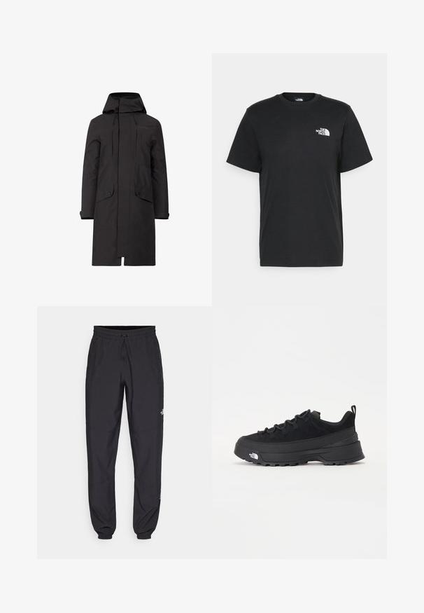 Parka impermeable negra con capucha, de corte recto, dos bolsillos delanteros y cordones ajustables en el escote y el dobladillo.; Camiseta de algodón negro con mangas cortas, cuello redondo y un pequeño logo blanco en el lado izquierdo del pecho. Diseño simple, textura suave y ajuste relajado.; Pantalones deportivos negros hechos de un tejido ligero, con una cinturilla ajustable, bolsillos laterales y puños ajustados en los tobillos.; Zapatilla negra de exterior con parte superior de ante, suela de goma texturizada y un sólido sistema de cordones. Cuenta con un talón reforzado y el logotipo de la marca en el lateral.