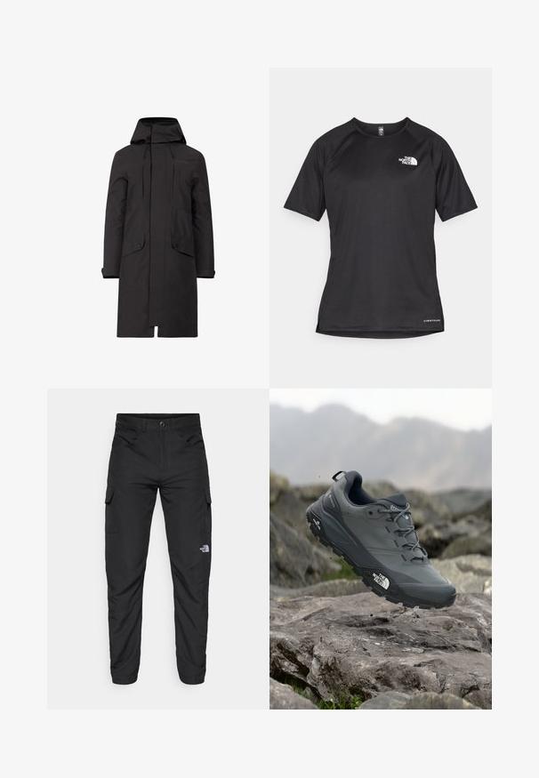 Parka impermeável preta com capuz, corte reto, dois bolsos frontais e cordões ajustáveis no decote e na bainha.; Camisa atlética preta de manga curta com um tecido texturizado, apresentando um logotipo branco no peito esquerdo e uma bainha reta.; The North Face HORIZON PANT - Calças para exterior - black; Sapatilha de corrida em trilhos cinza com um cabedal texturizado, sola de borracha durável e ponteira reforçada. Apresenta atacadores e o logótipo da marca de lado.