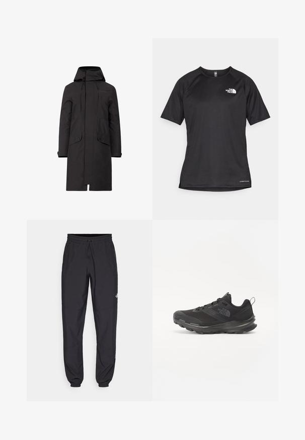 Crna vodootporna parka s kapuljačom, ravnog kroja, s dva prednja džepa i podesivim vrpcama na izrezu i rubu.; Crna kratkotrajna atletska majica s teksturiranom tkaninom, koja ima bijeli logo na lijevom prsnom dijelu i ravni rub.; Crne sportske hlače od lagane tkanine, s pojasom na vezanje, bočnim džepovima i suženim manžetama na gležnjevima.; Crne sportske tenisice s mrežastim gornjim dijelom, gumiranom potplatom i podstavljenim rubom. Imaju vezice, logo sa strane i teksturirani dizajn.