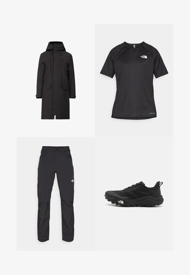 Čierna nepremokavá parka s kapucňou, so strihom na rovno, dvoma prednými vreckami a nastaviteľnými šnúrkami na krku a spodnom leme.; Čierne športové tričko s krátkym rukávom z texturovanej látky, s bielym logom na ľavej hrudi a rovným lemom.; Čierne vonkajšie nohavice so zipsovým predným vreckom, vyrobené z syntetického materiálu, zúžené nohy a vy reforcované panely kolien. Obsahujú zapínanie na gombík.; Čierne trailové behacie topánky s štruktúrovaným zvrškom, gumovou podrážkou a vystuženou špičkou. Obsahuje polstrovaný golier a úchyt na jednoduché obúvanie.