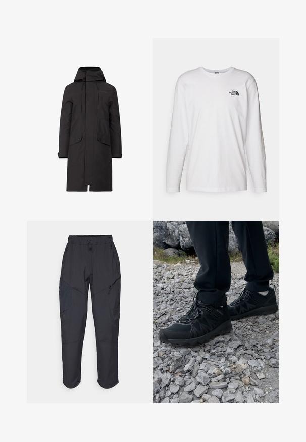 Parka impermeable negra con capucha, de corte recto, dos bolsillos delanteros y cordones ajustables en el escote y el dobladillo.; Camiseta de manga larga blanca de algodón con cuello redondo. Presenta un pequeño logotipo negro en el pecho. Textura suave, corte regular.; Pantalones cargo negros hechos de un material ligero y resistente al agua; cuentan con una cintura elástica, múltiples bolsillos con cremallera y piernas ajustadas.; Zapatos exteriores negros con malla y material sintético, que presentan un upper texturizado, un sistema de cordones seguro y una suela robusta, sobre terreno rocoso.