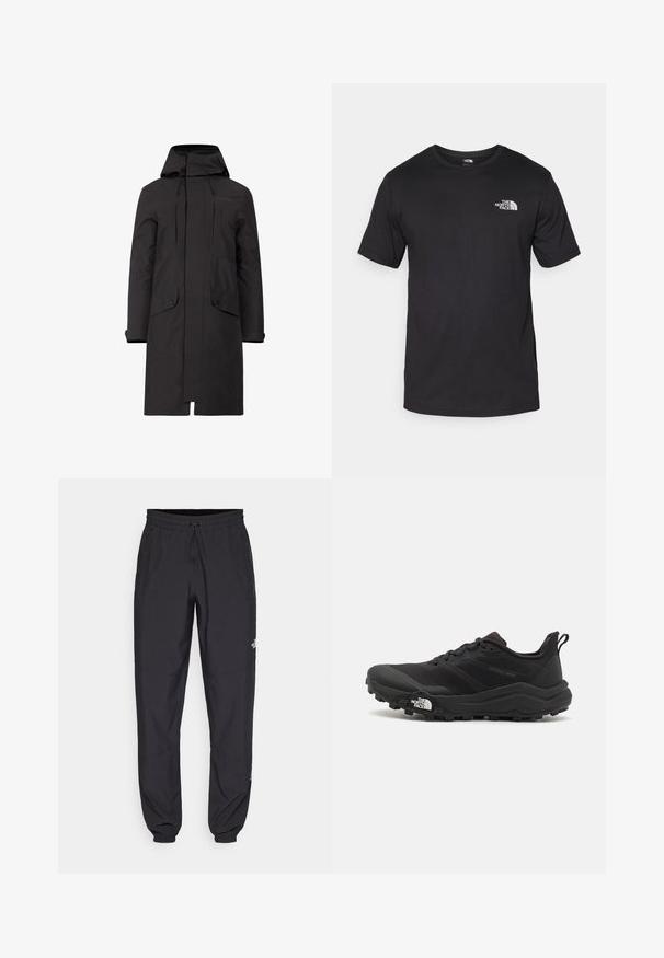 Fekete vízálló parka kapucnival, egyenes szabással, két első zsebbel és állítható húzózsinórokkal a nyakkivágásnál és az alsó szegélynél.; Fekete rövidujjú pamut póló, kerek nyakkivágással, a bal felső mellkason egy kis fehér logóval.; Fekete sportnadrág, könnyű anyagból készült, húzózsinóros derékkal, oldalsó zsebekkel és szűkített szárakkal a bokáknál.; Fekete terepfutó cipő, textúrált felső résszel, gumitalppal és megerősített lábujjrészével. Párnázott bokarésszel és húzófüllel rendelkezik a könnyű felhúzáshoz.