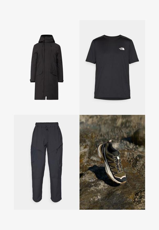 Sort vandtæt parka med hætte, lige snit, to forlommer og justerbare snore ved halsudskæringen og kanten.; Sort t-shirt med korte ærmer lavet af letvægtsstof. Har et lille hvidt logo på venstre bryst og diskrete skuldrelementer.; Sorte cargo bukser lavet af et let, vandafvisende materiale; har elastisk talje, flere lynlåslommer og tætsiddende ben.; Vandrestøvle i olivengrøn og sort med pink accenter. Har en tekstureret overdel, fleksibel sål, forstærket tåhætte og farverigt snøresystem.