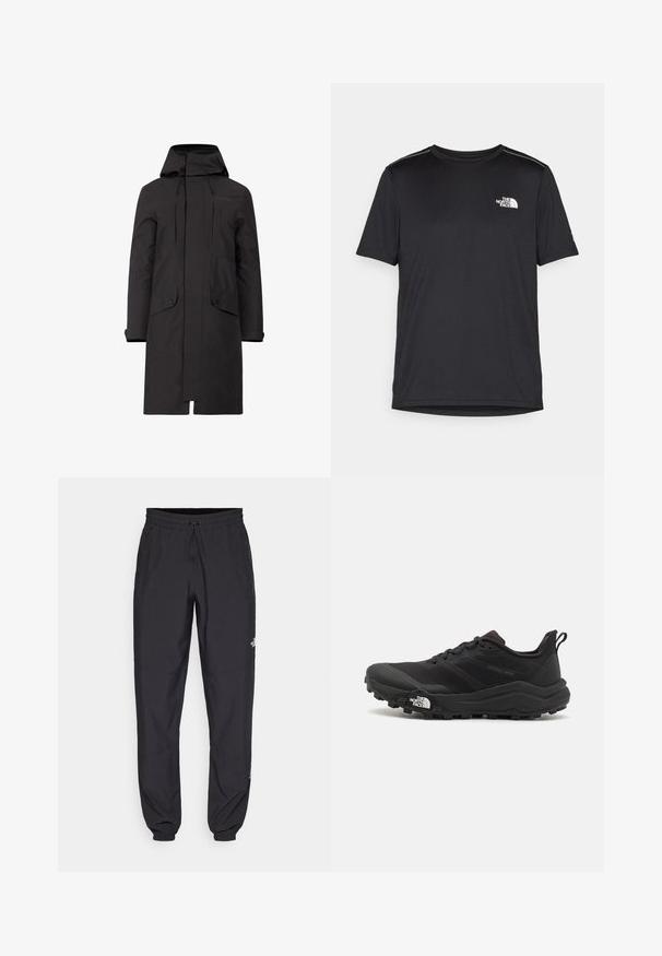 Črni vodoodporni park z kapuco, z ravnim krojem, dvema sprednjima žepoma in nastavljivimi vezalkami ob izrezu vratu in na spodnjem robu.; Črna kratkosleevena majica iz lahkotnega materiala. Ima majhen bel logo na levem prsnem delu in diskretne poudarke na ramenskem predelu.; Črne atletske hlače iz lahkega materiala, ki imajo elastični pas z vezalko, stranske žepe in zožene manšete na gležnjih.; Črne tekaške čevlje za trail s teksturirano zgornjega dela, gumijastim podplatom in ojačanim zaključkom prstov. Vključuje oblazinjen ovratnik in zanko za enostavno obuvanje.