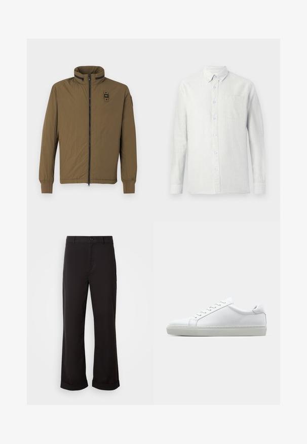 Ruda lengva striukė su aukštu apykakle, priekiniais užtrauktukais ir elastingais rankogaliais. Turintis mažą logotipą ant krūtinės ir šoninį kišenę.; Šviesios spalvos, ilgomis rankovėmis marškiniai su vertikaliomis juostelėmis, mygtukų segtuku apykaklėje ir krūtinės kišene. Audinys atrodo tekstūruotas, su minkšta apdaila.; Juodos tiesios kelnės, pagamintos iš lengvos medžiagos. Turi klasikinį sagos uždarymą ir pasuktus apačios kraštus.; Baltas sportinis batelis su lygiu odiniu paviršiumi ir žemu profiliu. Turi suapvalintą pirštą, šešis akių skyrius ir tekstūruotą gumos padą.