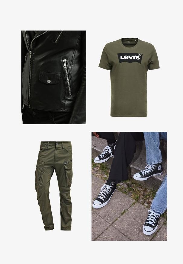 Serge Pariente ROCKY - Usnjena jakna - black; Olivno zelena bombažna majica s kratkimi rokavi, ki na sprednji strani nosi velik črn logotip Levi's. Klasičen kroj z okroglim izrezom in gladka tekstura.; Olivno zelene cargo hlače iz trdnega bombaža. Imajo več žepov, zip žep na strani in zožene noge z rahlo teksturirano površino.; Črne visoke platnene teniske z belimi gumijastimi podplati in vezalkami, z ovalnim logotipom na strani, v kombinaciji z džinsom in črnimi hlačami.