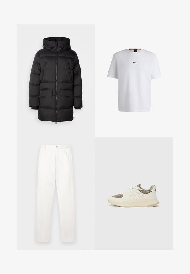 Black puffer jacket with a zip front, large dual front pockets, and a hood. Features ribbed cuffs and a quilted texture.; White cotton T-shirt with short sleeves, featuring a black "BOSS" logo centered on the chest and a round neck design.; White trousers made from smooth fabric, featuring a straight leg design, front pleats, and a single button closure at the waist.; White and light beige athletic sneaker, featuring a mesh upper, perforated detailing, and a textured midsole with branding on the heel.