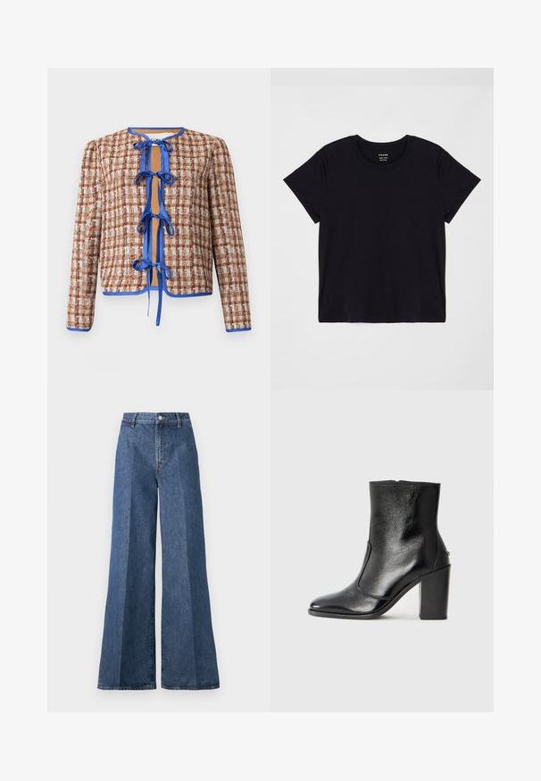 Austintas švarkas rudos ir baltos spalvų su mėlynais akcentais. Sukurtas su apvalia iškirpte ir priekiniais rišimais, pabrėžiančiais tekstūruotą raštą visame paviršiuje.; Juodas trumpas rankovės marškinėliai pagaminti iš minkštos medvilnės. Klasikinis apvalus kaklo dizainas su paprasta, nepuošta paviršiumi ir laisvalaikio siluetu.; Plačiai kirptos mėlynos džinsinės kelnės su aukštu liemeniu, su klasikinėmis penkių kišenių detalėmis ir sagos užsegimu, pagamintos iš tekstūruotos medvilnės audinio.; Juodas odinis kulkšninis batas su lygiu paviršiumi, smailiu pirštu ir masyviu aukštu kulnu. Savybė - šoninis atidarymas ir minimalistiškas dizainas.