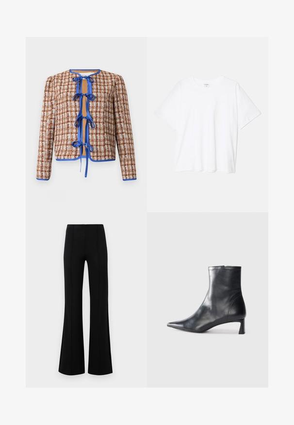 Woven jacket in brown and white with blue trim. Features a round neckline and front ties, showcasing a textured pattern throughout.; White cotton t-shirt with short sleeves, round neckline, relaxed fit, and stitched hem. Label visible on the inside neck.; Black flared pants with a high waist, made of stretchy fabric. Features vertical seam details on the front and a smooth texture.; Black leather ankle boot with a pointed toe and a sleek design. Features a low heel and a zipper closure at the back. Smooth texture.