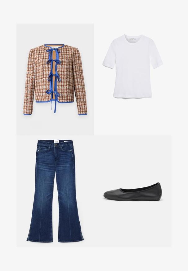 Giacca tessuta marrone e bianca con dettagli blu. Presenta un collo rotondo e legature frontali, evidenziando un motivo testurizzato in tutta la sua superficie.; T-shirt bianca a maniche corte realizzata in tessuto a costine. Collo rotondo, vestibilità regolare e dettagli di cucitura sottili. Senza motivi o grafiche.; Jeans a zampa d'elefante blu scuro in denim. Caratterizzati da una vita alta, tasche anteriori e dettagli con spacco all'orlo. Design classico a cinque tasche.; Pantofole da balletto nere in pelle con punta arrotondata, texture liscia, dettagli di cucitura minimi e design con suola flessibile.