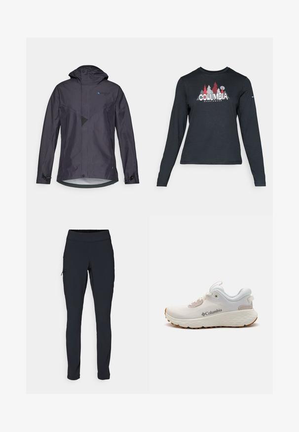 Vandeniui atsparus tamsiai pilkos spalvos džemperis su kapišonu, turintis kampuotą dizainą, tinklinę detalę, reguliuojamas rankoves ir mėlyną logotipą ant krūtinės.; Ilga rankovė tamsiai pilka marškinėliai su raudonų medžių ir kalnų grafika; drąsaus baltos spalvos teksto "COLUMBIA" logotipas. Minkšta medžiaga, standartinis apvalus kaklas.; Juodi sportiniai medvilniniai kelnių modeliai su siauru kirpimu, elastinga juosmens juosta ir šonine kišene su užtrauktuku. Lygus, elastingas audinys su minimaliais siūlės.; Lengvas Columbia sportinis batelis balto tinklinio audinio su tekstūruota pilka padanga ir guma sukibimui. Yra paminkštinta apykaklė ir raištelių dizainas.