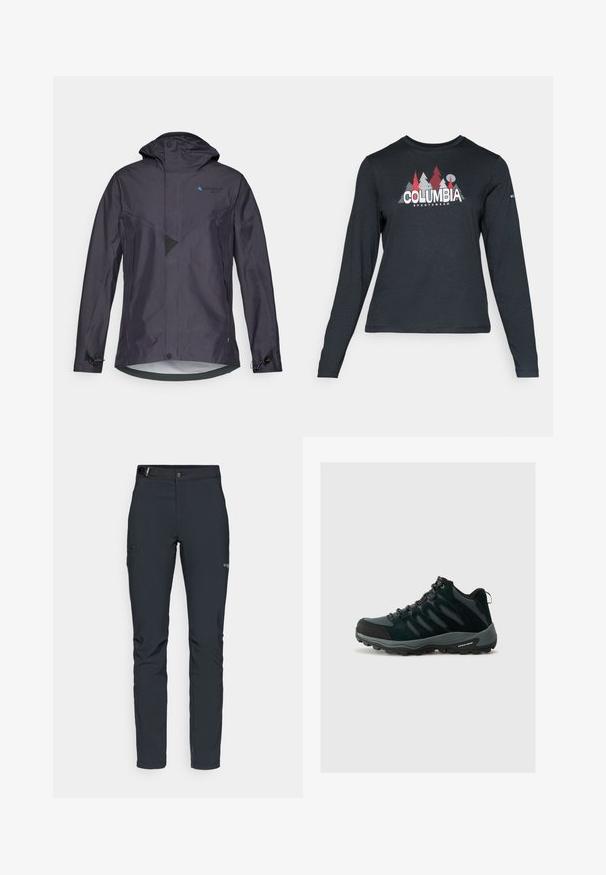 Ūdensnecaurlaidīga tumši pelēka jaka ar kapuci, ar leņķveida dizainu, sietu detaļu, regulējamiem aizdariem un zilu logotipu uz krūšu.; Tumšs pelēks krekls ar garām piedurknēm, ar grafiku, kurā attēloti sarkani koki un kalni; "COLUMBIA" logo treknā baltā tekstā. Mīksta auduma, standarta apaļa kakla izgriezums.; Vīriešu āra bikses, tumši pelēkā krāsā, izgatavotas no elastīga materiāla, ar jostu, kabatām ar rāvējslēdzēju un pastiprinātām šuvēm.; Columbia REDMOND - Pārgājienu apavi - black/citron haze