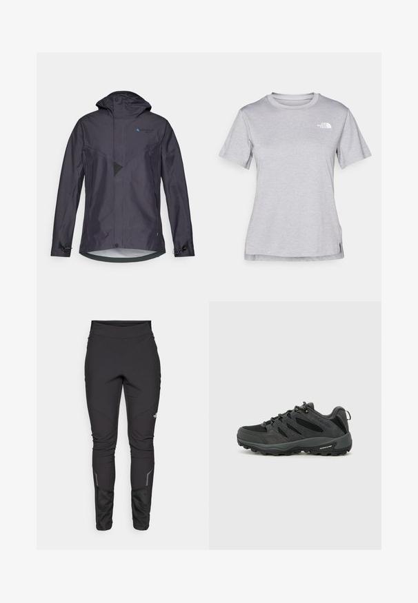 Vízálló sötétszürke dzseki kapucnival, szögletes kialakítással, hálós részletekkel, állítható mandzsettákkal és kék logóval a mellrészen.; Szürke, rövid ujjú póló, puha, nedvességet elvezető anyagból készült. Kerek nyakú, és egy kis fehér logó található a bal felső részen.; Fekete kültéri nadrág, amelyek testhez álló szabással, tartós anyaggal, fényvisszaverő részletekkel és panel varrásokkal rendelkeznek a mozgás szabadságának és a kényelem fokozása érdekében.; Columbia REDMOND - Túracipők - black/citron haze