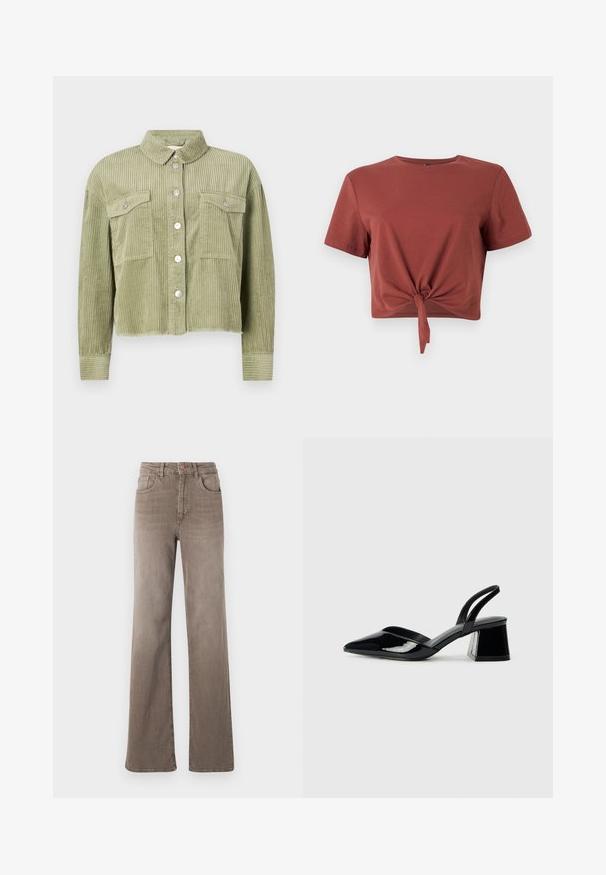 Green corduroy shirt jacket with a textured, ribbed design, two chest pockets, and silver-buttoned front closure. Cropped fit, with a frayed hem.; Rust-colored cropped t-shirt in soft cotton with short sleeves and a knotted front detail. Smooth texture, round neckline.; Brown high-waist straight-leg jeans with front button, belt loops, and classic five-pocket design on a white background.; Black patent leather slingback heels with a pointed toe and a geometric block heel. Features a sleek, minimal design and smooth texture.