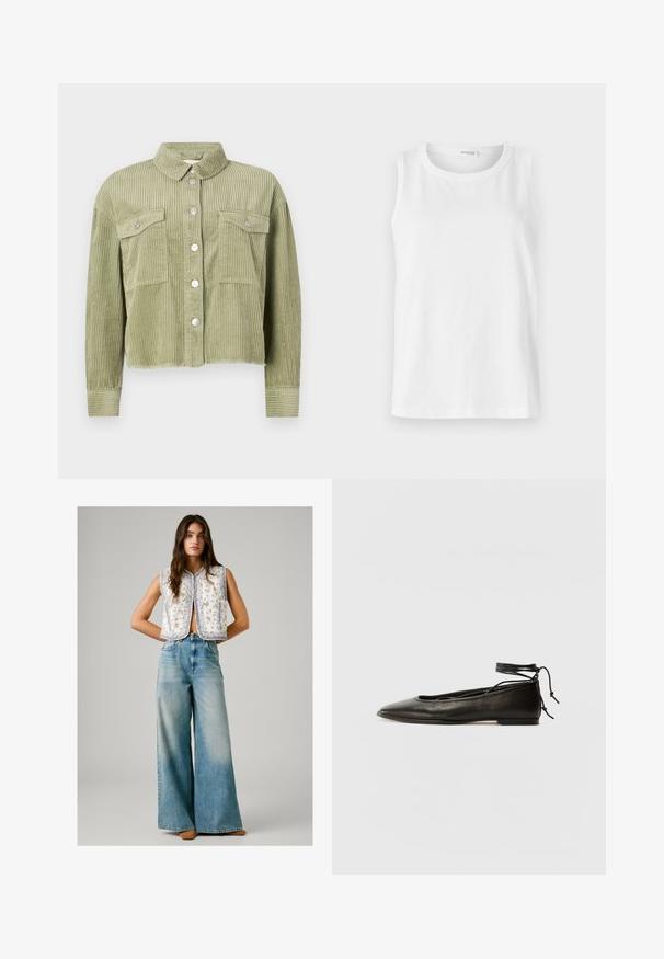 Zelena korduroy košulja jakna s teksturiranim, rebrastim dizajnom, dva džepa na prsima i prednjim zatvaranjem s srebrnim dugmetima. Krojena kroja, s izrezanom rubom.; Bijela bezrukava majica napravljena od mekanog pamuka. Ima okrugli izrez i ravni kroj. Jednostavan dizajn bez vidljivih uzoraka ili akcenata.; Žena nosi bezrukavu bijelu majicu s cvjetnim uzorkom u kombinaciji s visokim, širokim izblijedjelim plavim trapericama i smešnim cipelama, stoji sa rukama iza leđa.; Crne kožne baletanke s oštrim prstom, vezanjem oko članaka i ravnim potplatom, s glatkom teksturom i minimalističkim dizajnom.
