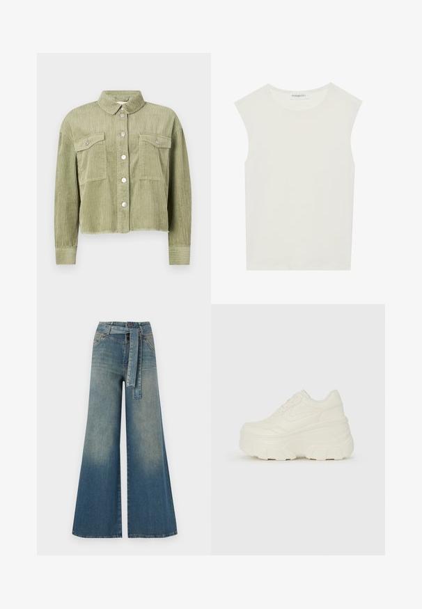 Green corduroy shirt jacket with a textured, ribbed design, two chest pockets, and silver-buttoned front closure. Cropped fit, with a frayed hem.; White sleeveless top with a round neckline. Made of smooth fabric, it features a relaxed fit and minimalist design. No patterns or accents.; Wide-leg denim trousers featuring a light to dark blue gradient, high waist, belt loops, and a matching fabric belt. Textured denim finish.; White platform sneakers featuring a smooth leather-like upper, rounded shape, padded collar, and textured rubber sole with defined treads.